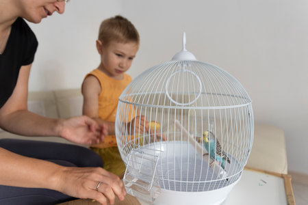Mother and son caring for pet budgie in white cageの写真素材