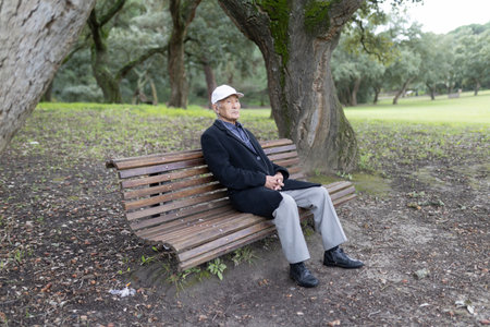 Senior man relaxing on park bench enjoying natureの写真素材