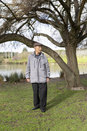 Senior man enjoying nature by the lake under a willow treeの写真素材