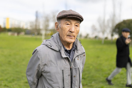 Elderly asian man listening music with earphones in city parkの写真素材