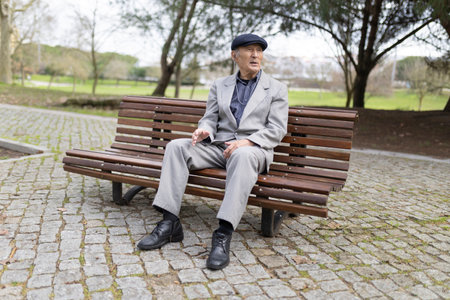 Elegant senior man sitting on bench in park talking and gesturingの写真素材