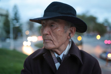 Elegant senior man wearing hat and earpiece standing outdoors at duskの写真素材