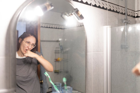 Woman brushing teeth in bathroom mirror reflectionの写真素材