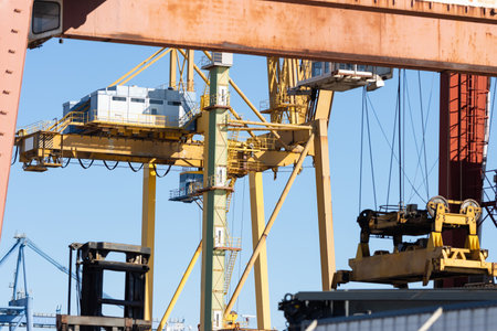 Lifting cranes in the seaport and an observation point at altitudeの写真素材