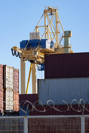 Viewpoint above the cargo seaport with lots of containersの写真素材