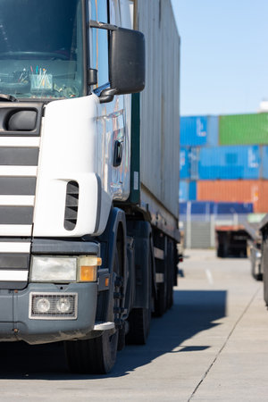 A truck stands at the seaport with colored cargo containers on the backgroundの写真素材