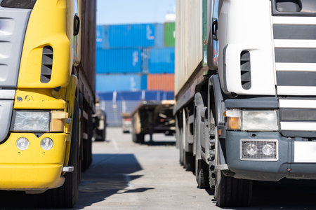 Trucks standing on the parking lot by the seaport with colored cargo containers on the backgroundの写真素材