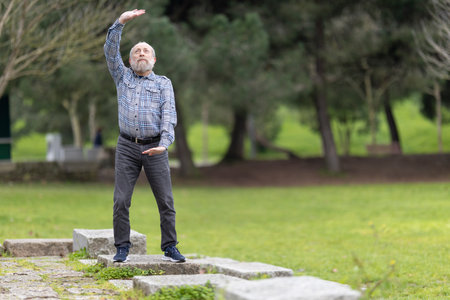 Senior man practicing tai chi in public park for wellbeingの写真素材