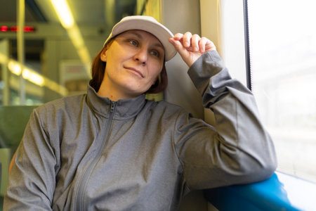 Woman traveling by train, gazing out window, contemplative expressionの写真素材