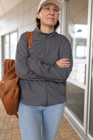 Confident female researcher walking in university corridor with crossed arms