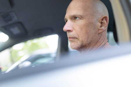 Serious mature man driving car looking out window intensely