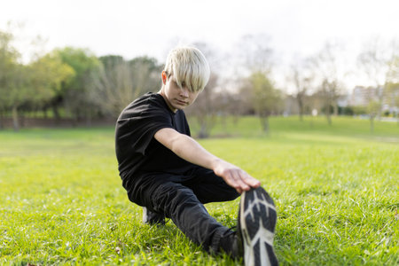 Young man stretching legs in park doing fitness exercisesの写真素材