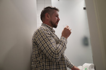 Man drinking water or rinsing mouth in bathroom