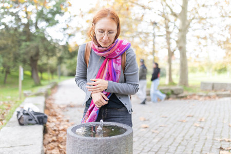 Woman drinking water from stone fountain in parkの写真素材
