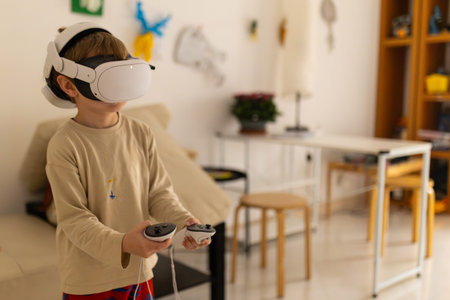 Child wearing virtual reality headset playing immersive game