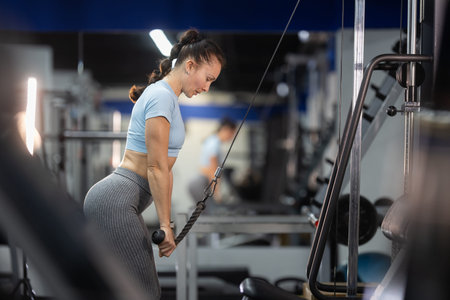 Fit woman training triceps muscles in modern gym
