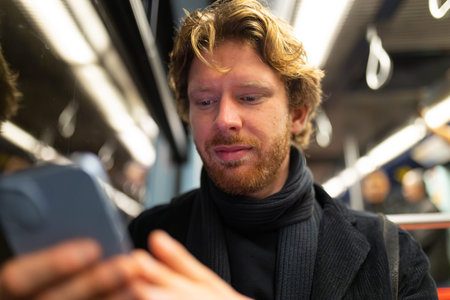 Young man using smartphone inside public transport
