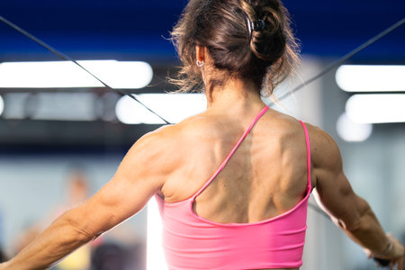 Woman building strength training back muscles in gym