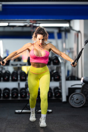 Woman exercising chest muscles using cable crossover machine