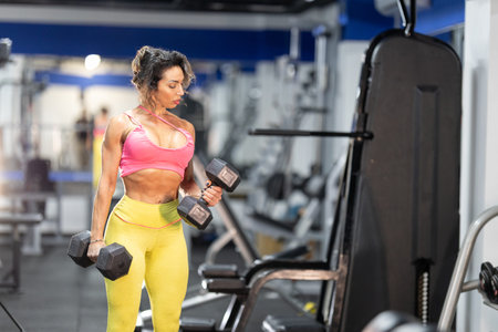 Athletic woman lifting heavy dumbbells during gym training
