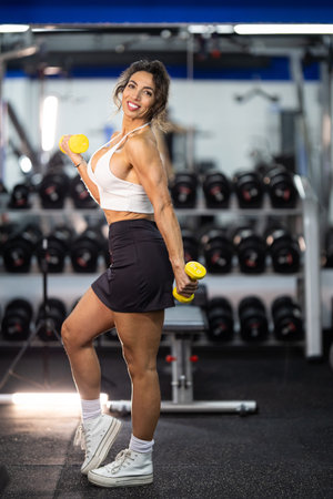 Fit woman smiling holding dumbbells doing gym workout