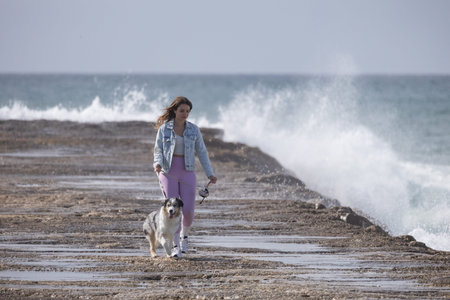 Woman walking her dog along a stormy ocean coastの写真素材