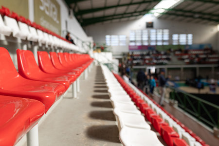 Empty red and white stadium audience seats