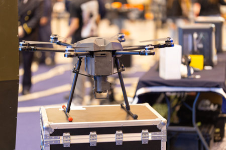 Professional multirotor drone with camera system at exhibition