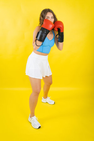 Woman wearing boxing gloves posing in defensive stance
