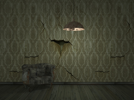 old wallpper peeling darklight with old sofa -interior background halloweenの写真素材