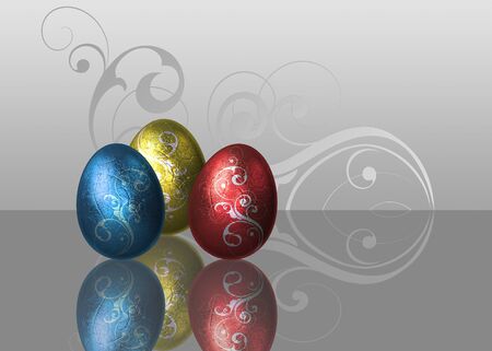 An elegant glamour easter illustration  Metalic style Easter eggs with silver swirls on an elegant white-grey background の写真素材