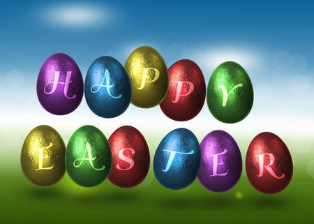 A colourful easter illustration  Metalic style coloured Easter eggs with  Happy Easter  lettering の写真素材