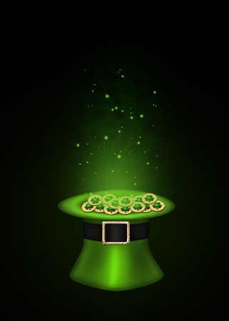 A magical St  Patrick´s Day illustration  Green top hat full with golden shamrock coins which are sparkling on a black background の写真素材
