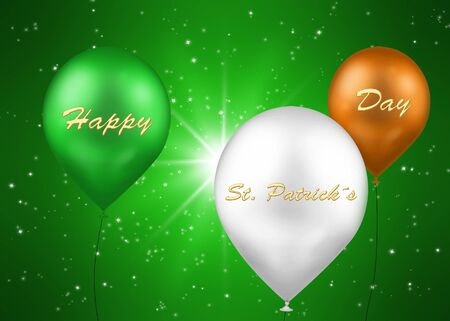 A St  Patrick´s Day illustration  3 balloons in the irish flag colour green, white, orange with the text  Happy St  Patrick´s Day  in gold letters on a green background with sparkling stars の写真素材