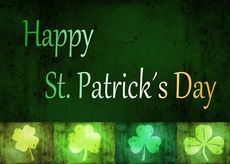 A St  Patrick´s Day illustration  4 different shamrock shapes and  Happy St  Patrick´s Day  letters in the irish flag colours on a grungy green background の写真素材