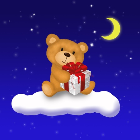 A cute Teddy Bear holding a gift box is sitting on a cloud in front of a blue night sky with bright stars and the shiny moon の写真素材