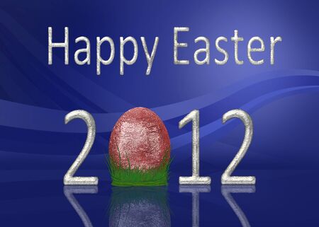 A glamourous Easter illustration  Silver  Happy Easter 2012  lettering with a glitter red egg on grass with an elegant blue background の写真素材