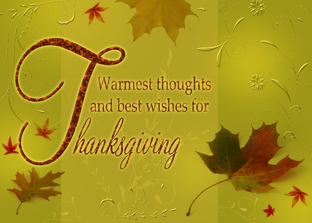 Thanksgiving Greetings, Thanksgiving wishes on an autumn illustration with leaves and floral ornaments on a green background の写真素材