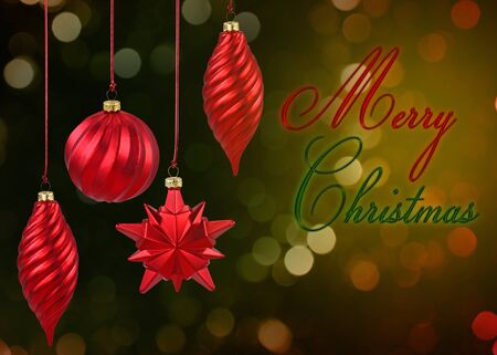 Merry Christmas illustration  4 red Christmas baubles on a red-green bokeh background の写真素材