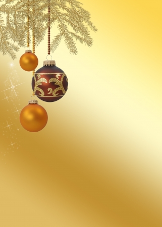 A noble and elegant Christmas illustration  golden christmas tree branches with hanging christmas baubles on a golden background の写真素材