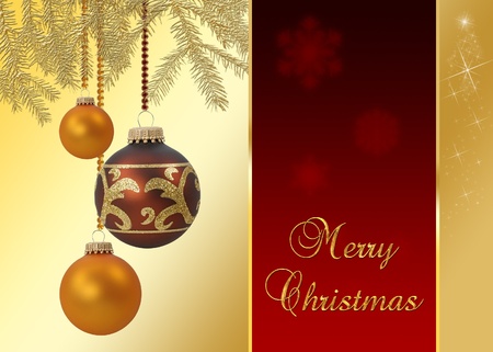 A noble and elegant Christmas illustration  golden christmas tree branches with hanging christmas baubles on a red-golden background with Merry Christmas wishes の写真素材