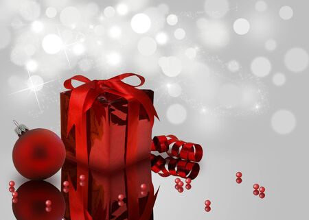 A noble Christmas illustration  A red gift box with a red Christmas ball, ribbon and red pearls on a light white-grey  bokeh background with stars の写真素材