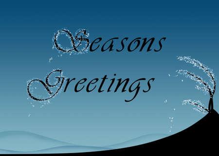 Abstract winter landscape illustration with a tree and  Seasons Greetings  on a blue background の写真素材