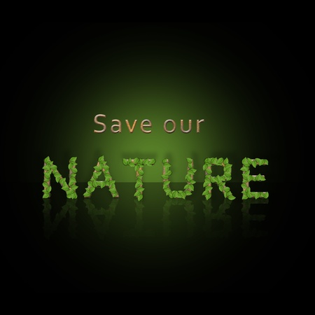  Save our Nature  illustration with stone letters and green leaves on a black background の写真素材