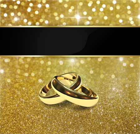 Elegant and luxurious gold design illustration  2 golden wedding rings on a gold glitter and bokeh background with sparkling  bright stars の写真素材