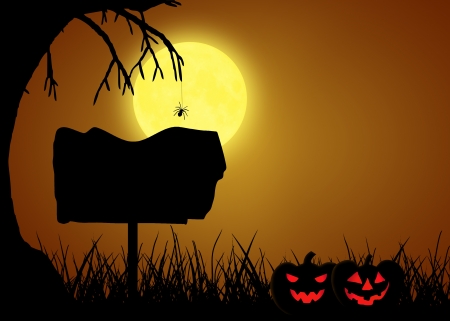 A silhouette Halloween illustration  Scary black landscape with a tree and a spider in front of the full moon, a sign and two halloween pumpkins の写真素材