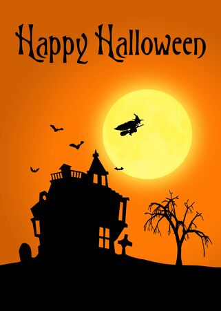 A silhouette Halloween illustration  Spooky black landscape with a scary house, a creepy tree, bats and a witch flying on her broom; all on an orange background with the full shiny moon の写真素材