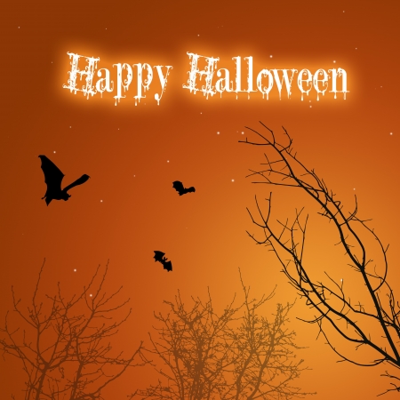A silhouette Halloween illustration  Spooky black bats and creepy trees with a drippy  Happy Halloween  Greeting on a mystic background の写真素材