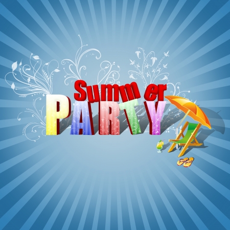 Summer Party Illustration  Colourful 3D Text, decorated with floral ornaments, a beach lounger, a cocktail and flip-flops on a blue sunburst background の写真素材
