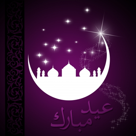 Eid Greeting illustration with silhouettes of the moon, stars and a mosque  Eid Mubarak lettering in arabic script and an ornamental border の写真素材
